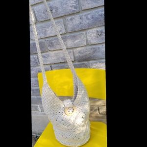 Vintage 90s white Handmade Macrame Crochet bucket style bag